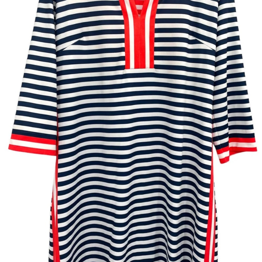 Gretchen Scott split neck navy blue & white striped Everywhere dress size Medium